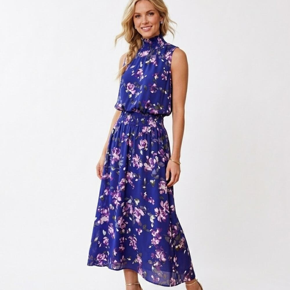 Nanette Lepore Midi Dress Womens Medium Purple Floral Smocked Waist Mock Neck